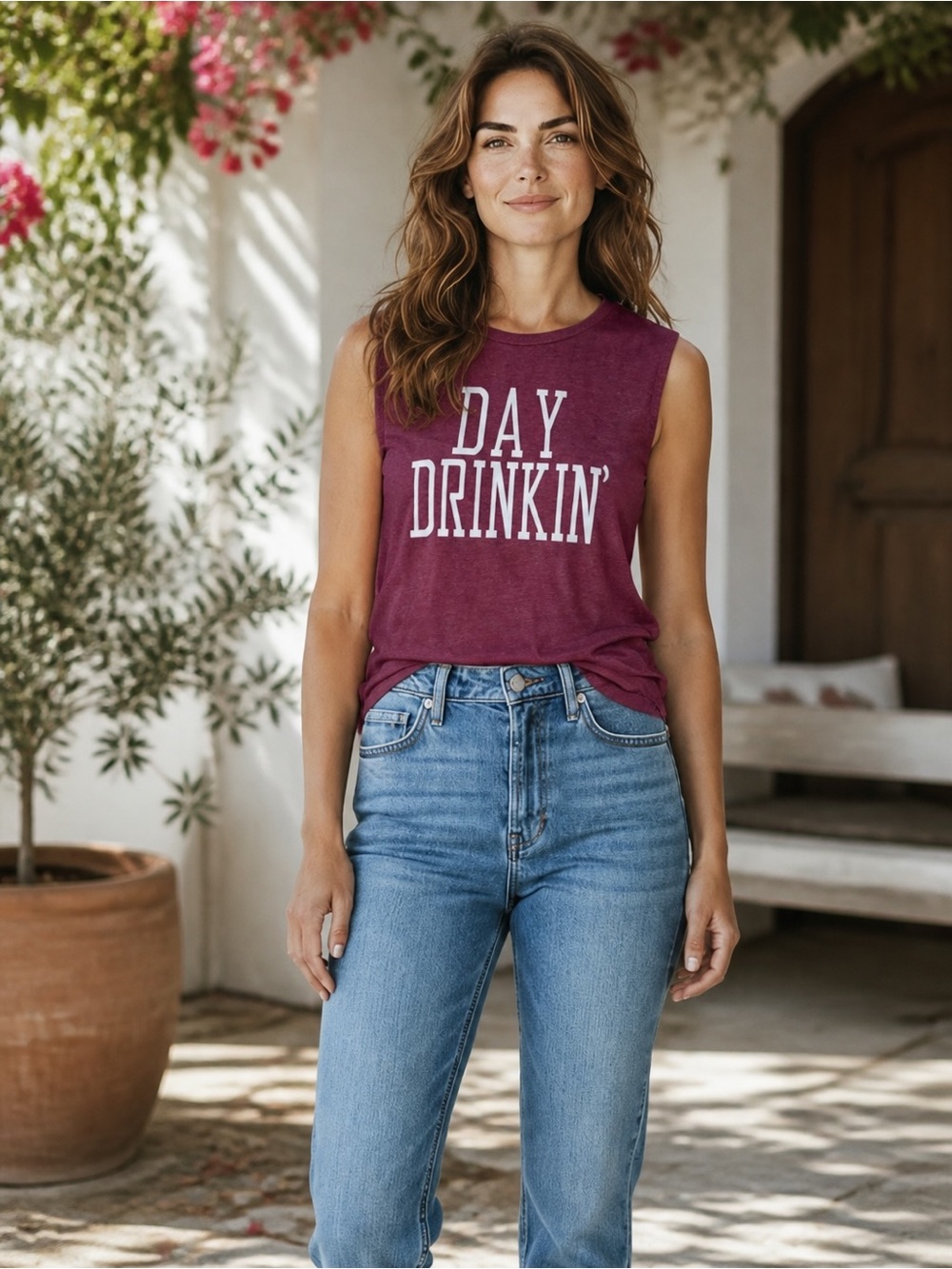Day Drinking Sleeveless Graphic Top NWOT | XL Cotton‑Poly Blend Casual Humor Tee